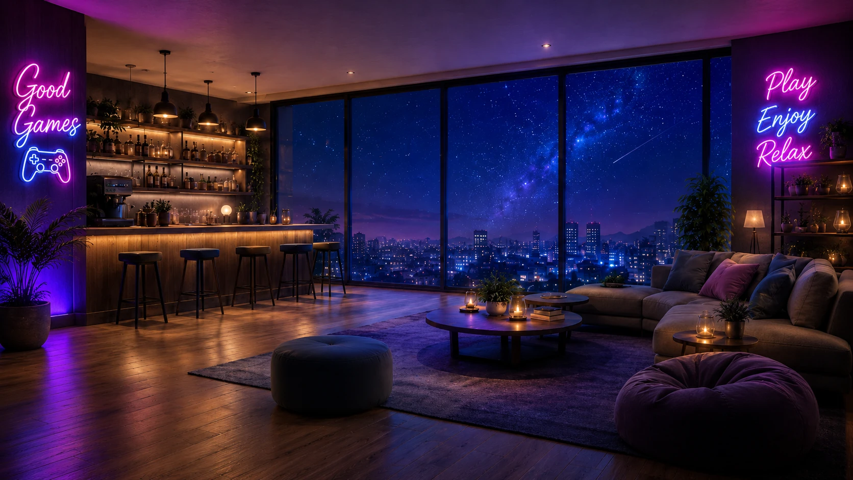 大きな窓から星空と夜景が見える、Neon Skyの共用ゲームラウンジ
